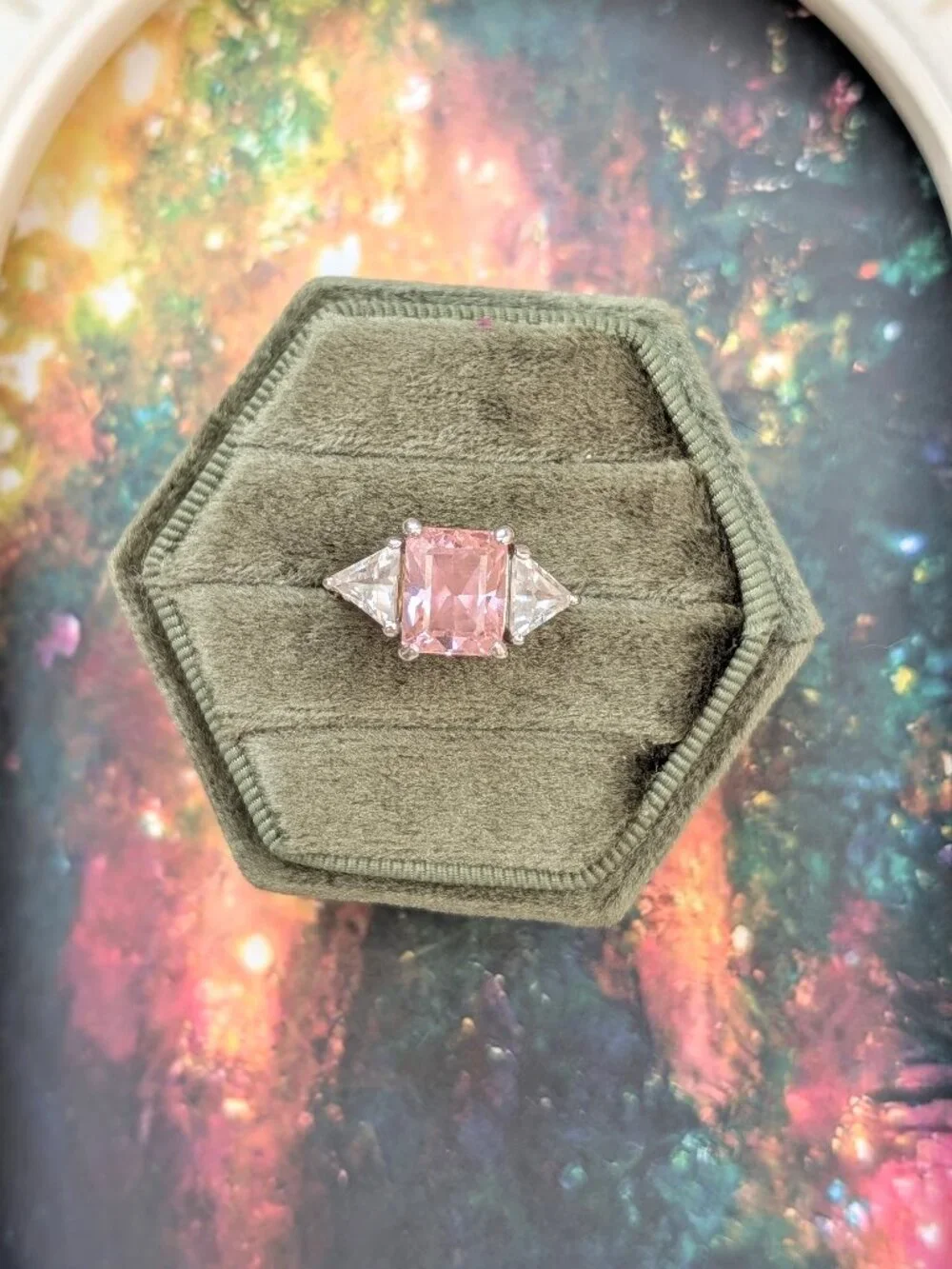 Vintage Art Deco Style Sparkling Pink & Clear CZ Ring, Size 6.5